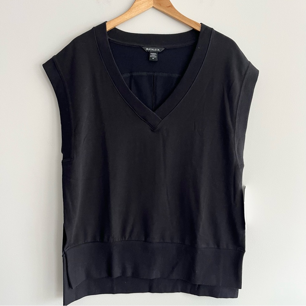 Athleta Black Retroterry Sleeveless V-neck Muscle Sweatshirt Tee Medium